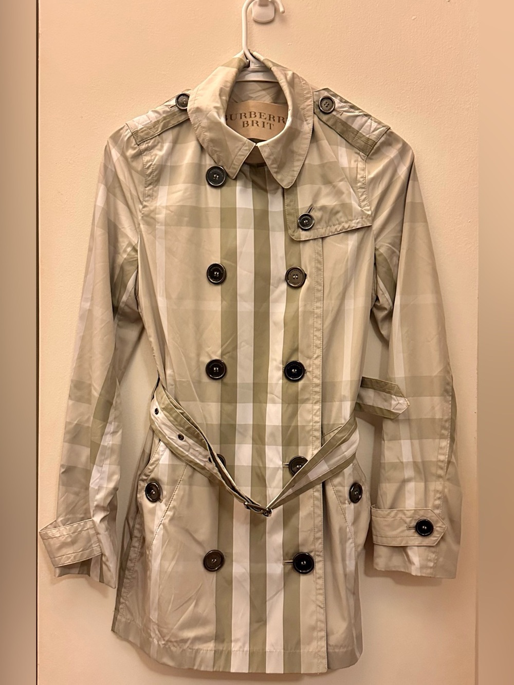 Light Burberry Tan & White Plaid Double-Breasted Trench Coat
